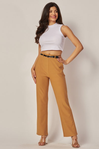 Stretchy Scuba Belted Side Pocket Straight Pants