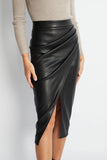 Faux Leather Ruched Wrap Midi Skirt